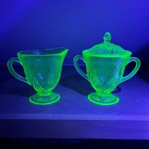Vintage Hazel Atlas Royal Lace Green Uranium Glass Creamer and Sugar Bowl Set